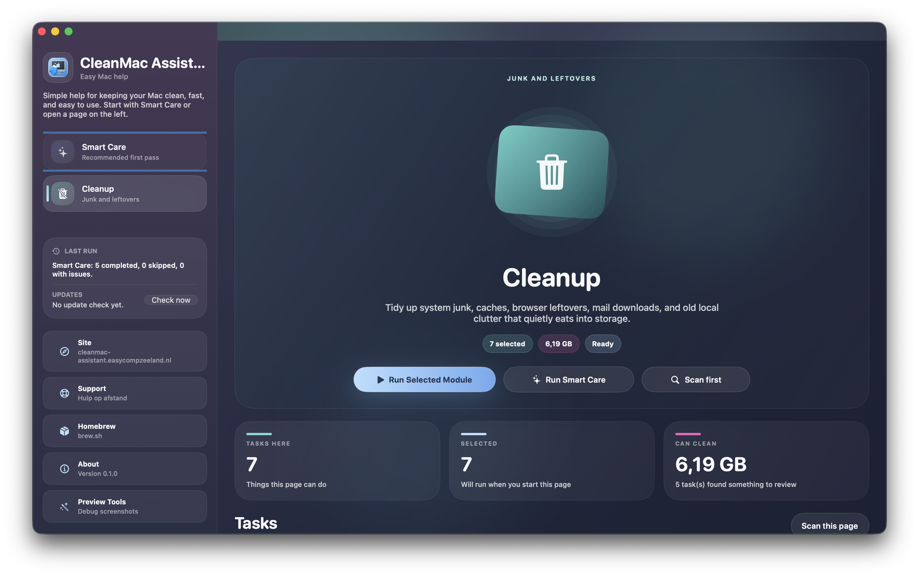 Beginscherm van CleanMac Assistant