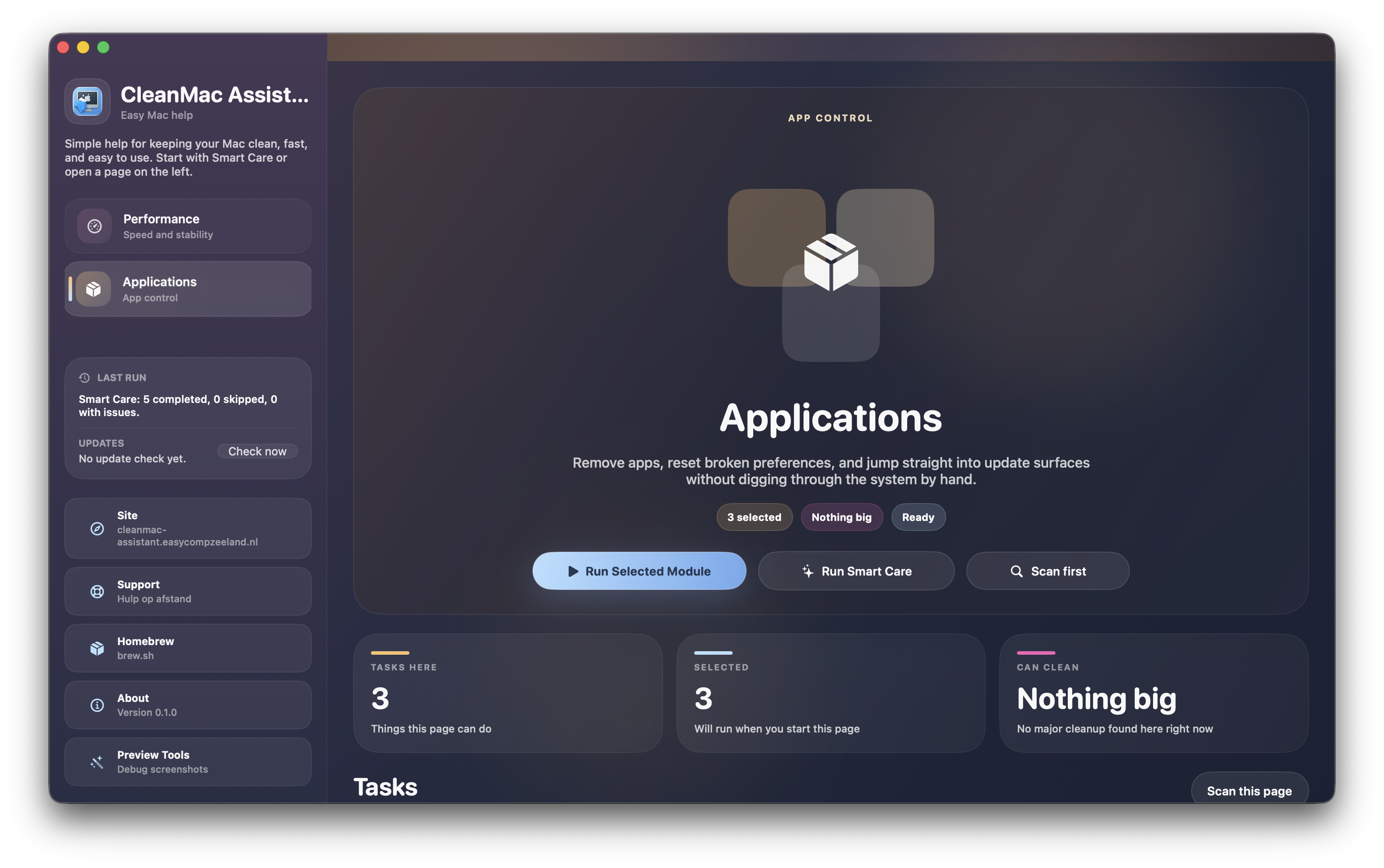 Voorbeeld van het appscherm in CleanMac Assistant