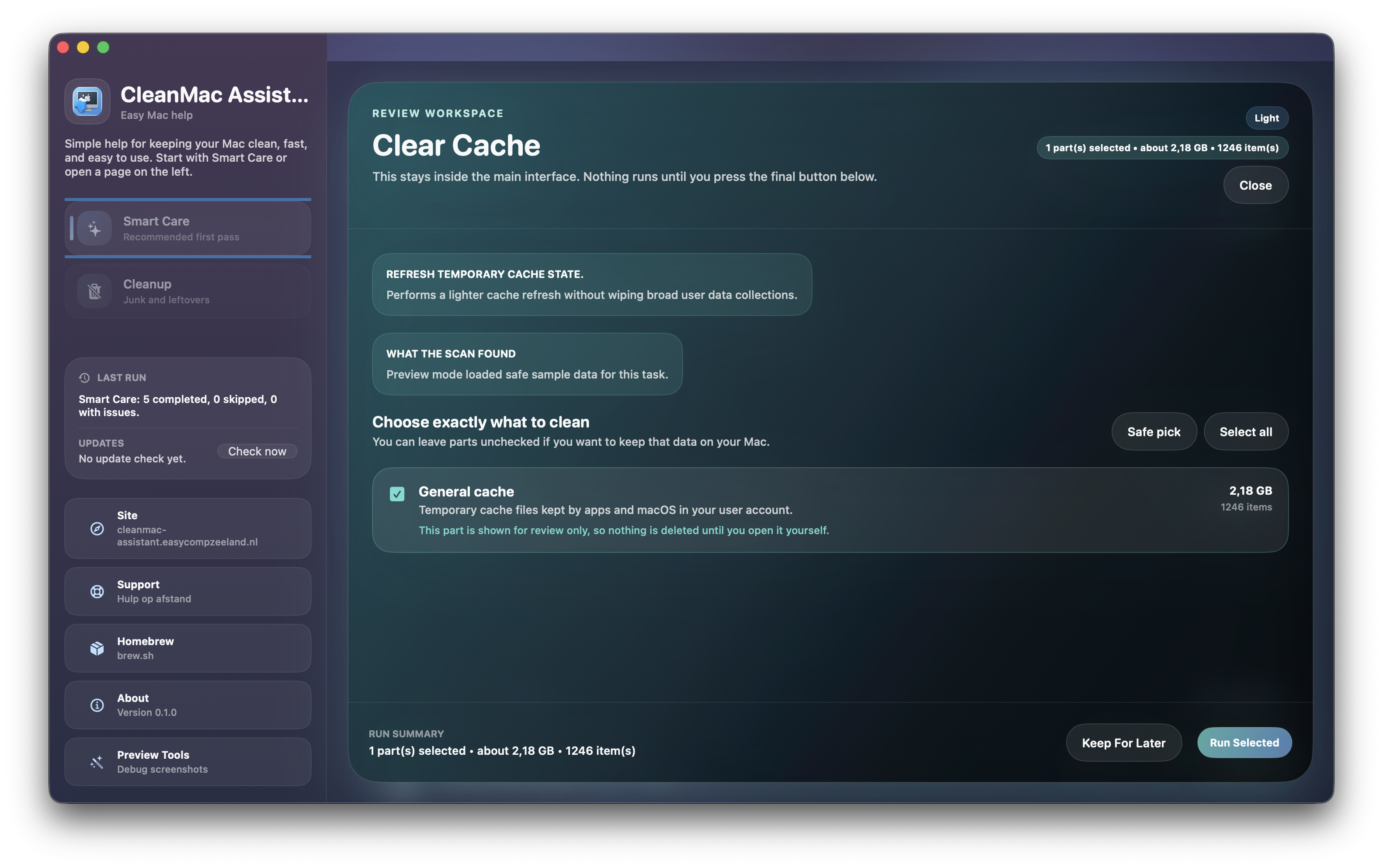 Scherm waarin je kiest wat je wilt schoonmaken