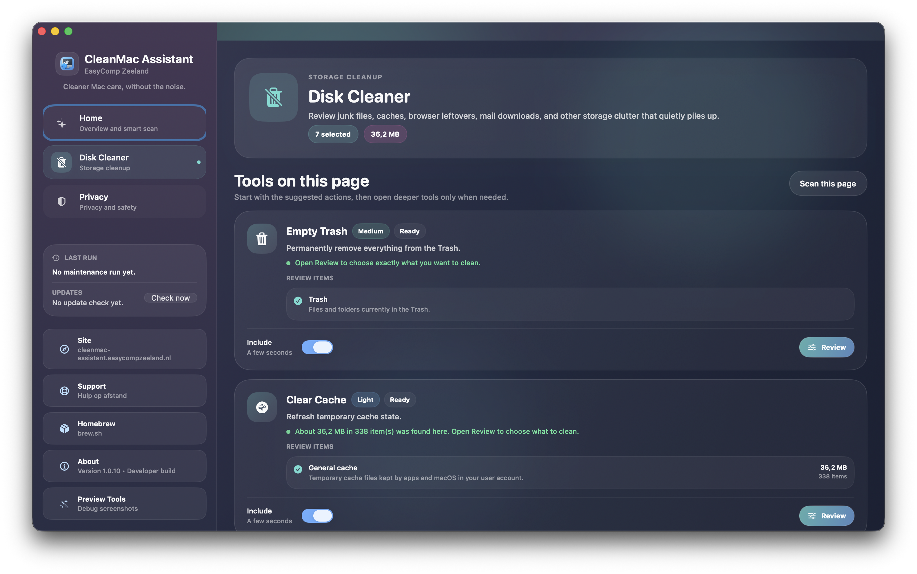 Disk Cleaner-scherm in CleanMac Assistant