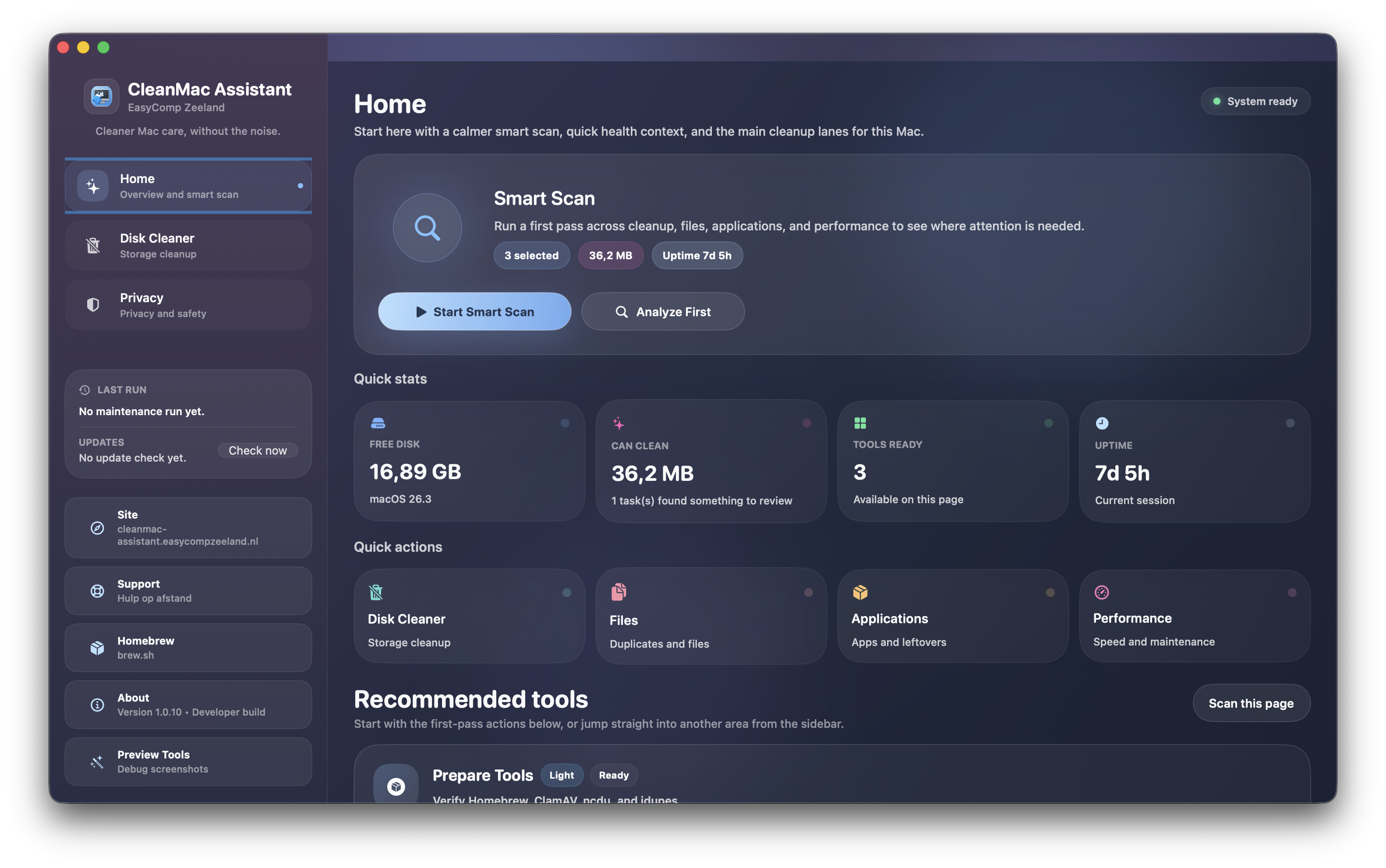 Home-scherm van CleanMac Assistant