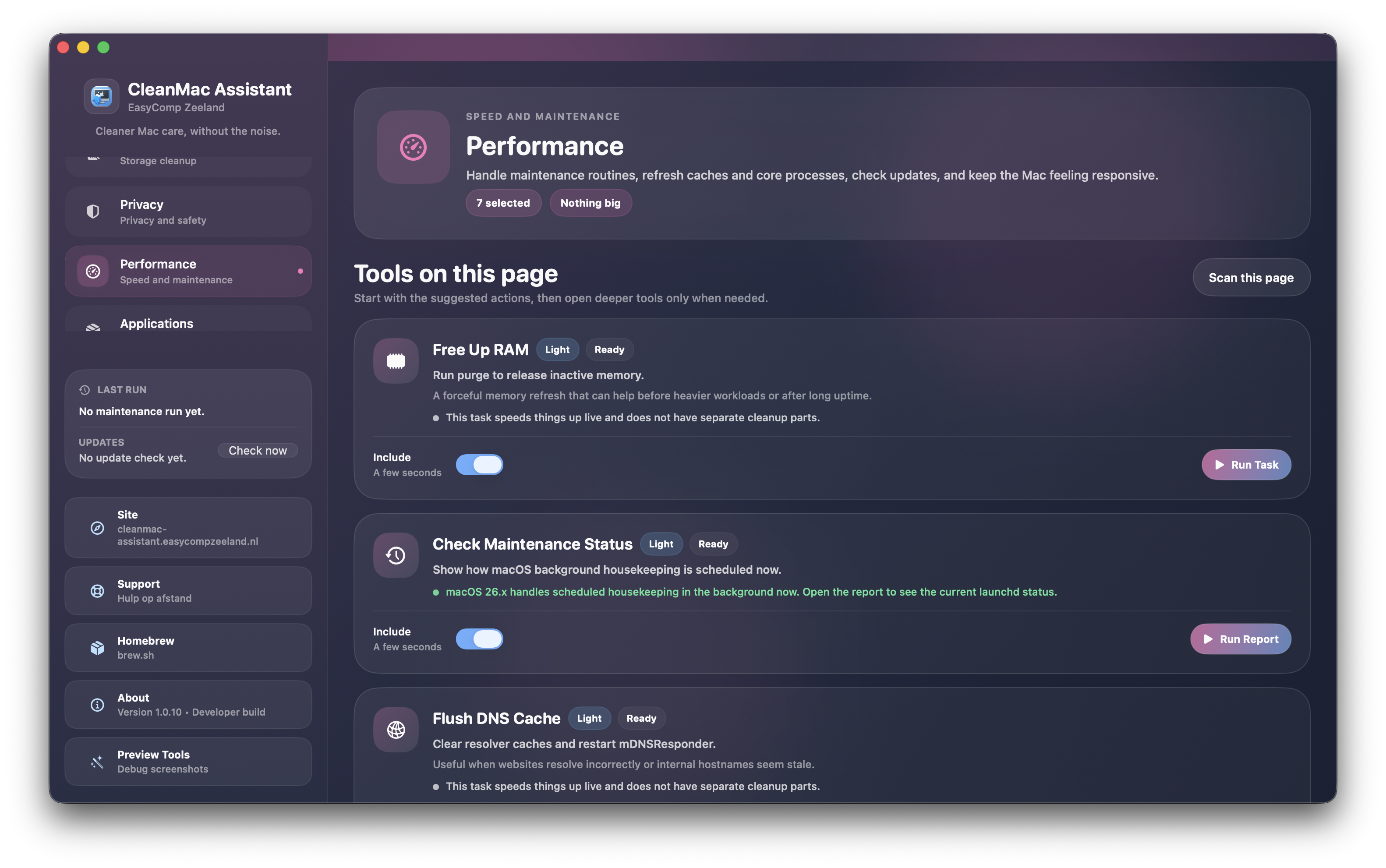 Performance-pagina in CleanMac Assistant