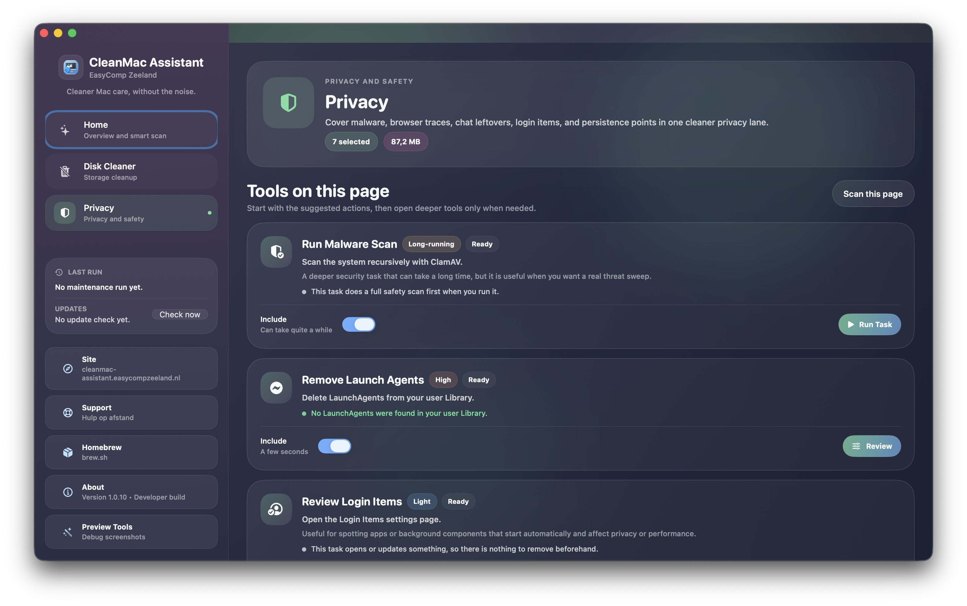 Voorbeeld van de Privacy-pagina in CleanMac Assistant