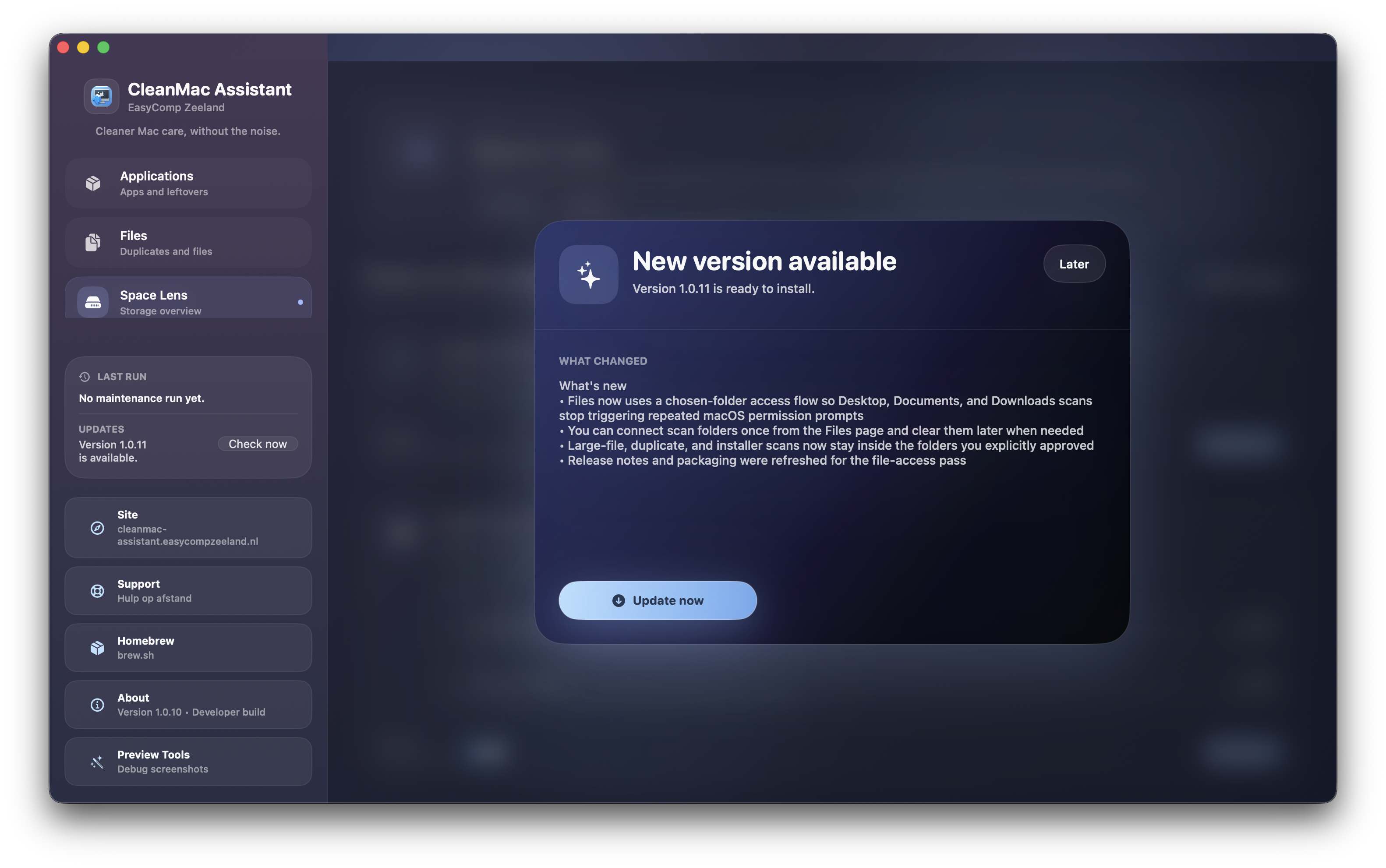 Update-venster in CleanMac Assistant